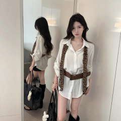 不规则豹纹领带衬衫女秋季中长款配腰带上衣设计高级感小众感衬衣