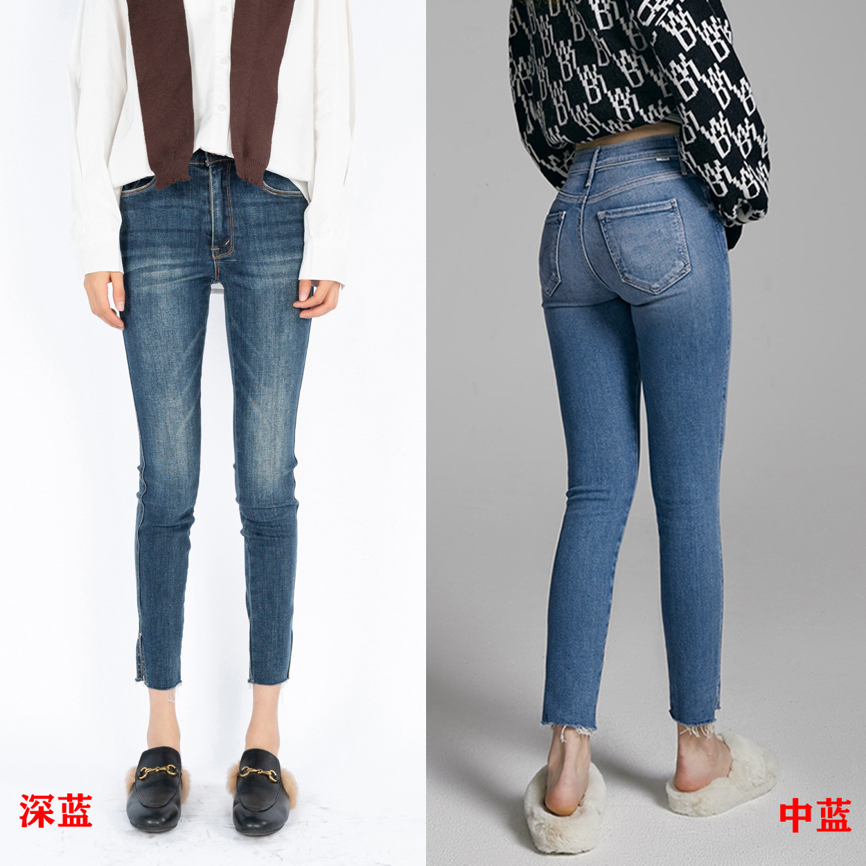 春夏欧美MO123同款深蓝怀旧色高腰修身小脚外开衩九分牛仔裤女