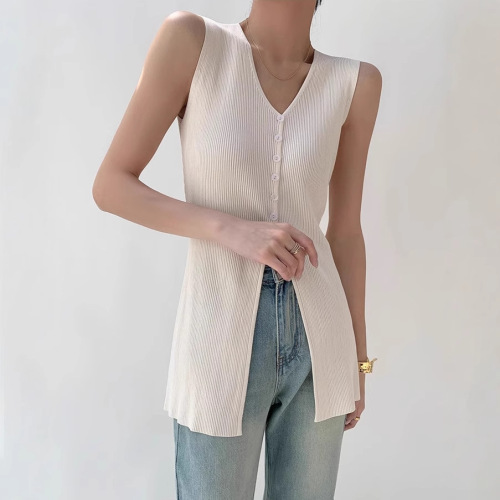 French V-neck sleeveless ice silk knitted women's mid-length 2025 summer knitted open jacket vest thin