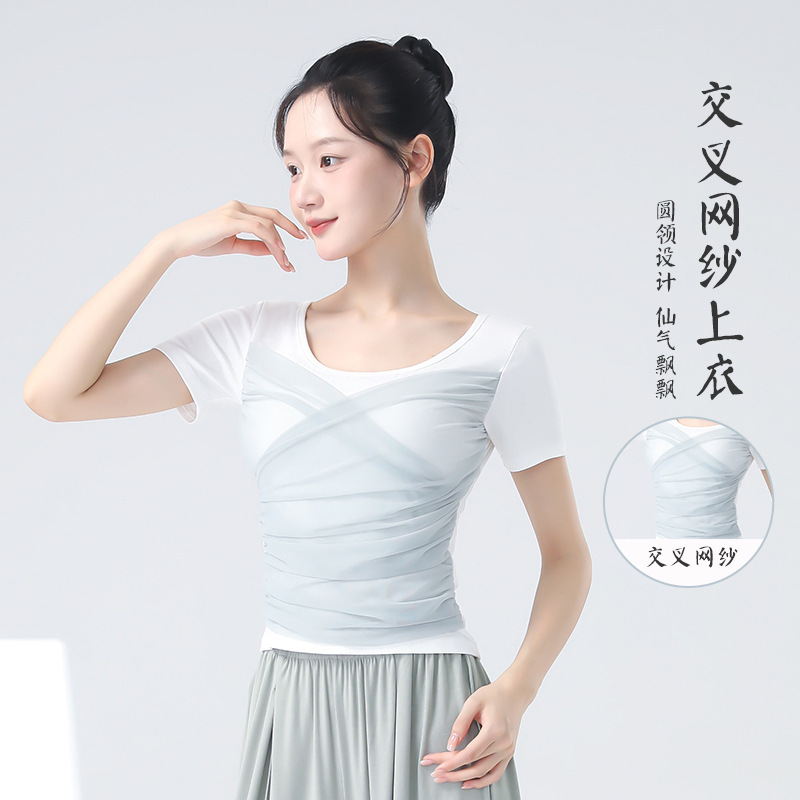 New Adult Classical Modern Dance Ballet Practice Dance Suit Women's Short-sleeved Dancing Elegant Chinese Fake Two-piece Top New Adult Classical Modern Dance Ballet Practice Dance Suit Women's Short-sleeved Dancing Elegant Chinese Fake Two-piece Top