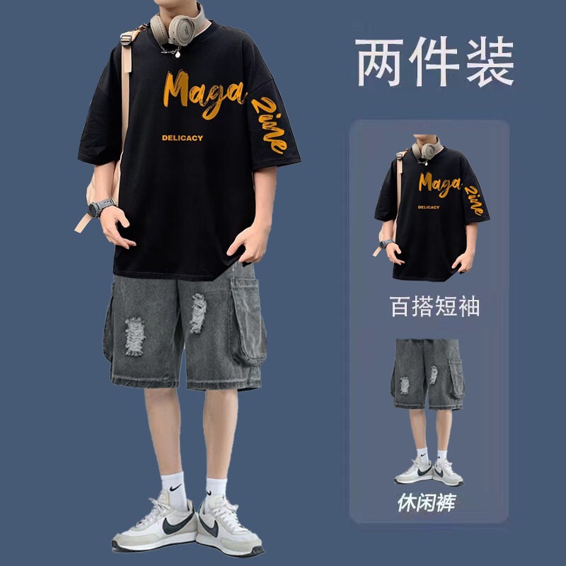 Summer Hong Kong style short-sleeved T-shirt men's matching salt boyfriend style Denim shorts fashion brand suit men's casual set