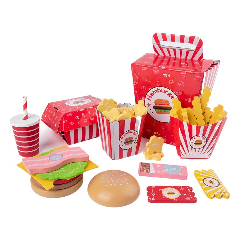 Niños de madera hamburguesa fritas cubo traje combinación cocina juego casa alimentos Juguetes