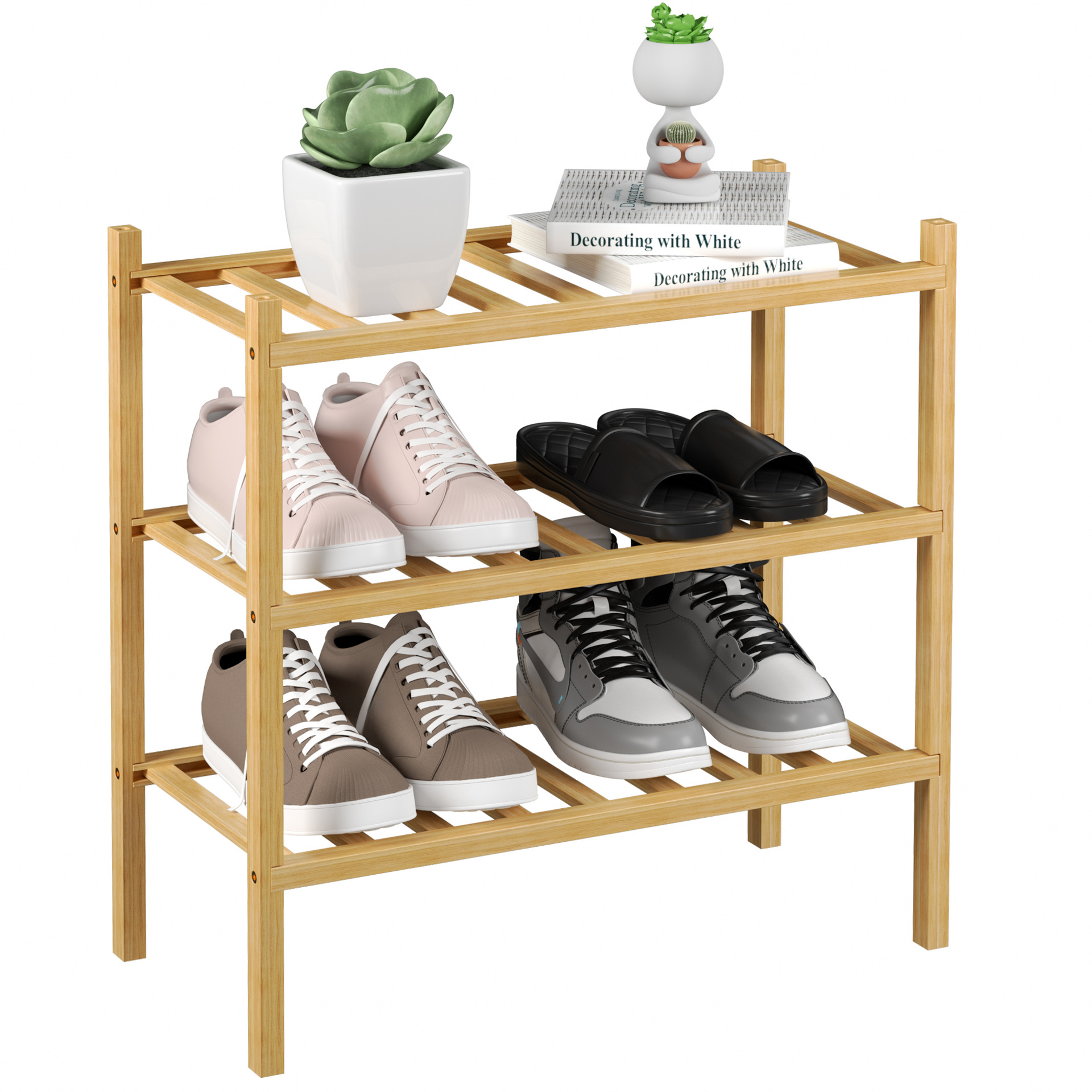 Zapatero plegable de bambú apilable, estante de almacenamiento multicapa para el hogar, ahorrador de espacio, éxito de ventas transfronterizo.