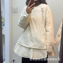 2025冬季文艺休闲90绒斜襟盘扣衬衫外套 宽松拼接白鸭绒羽绒服女