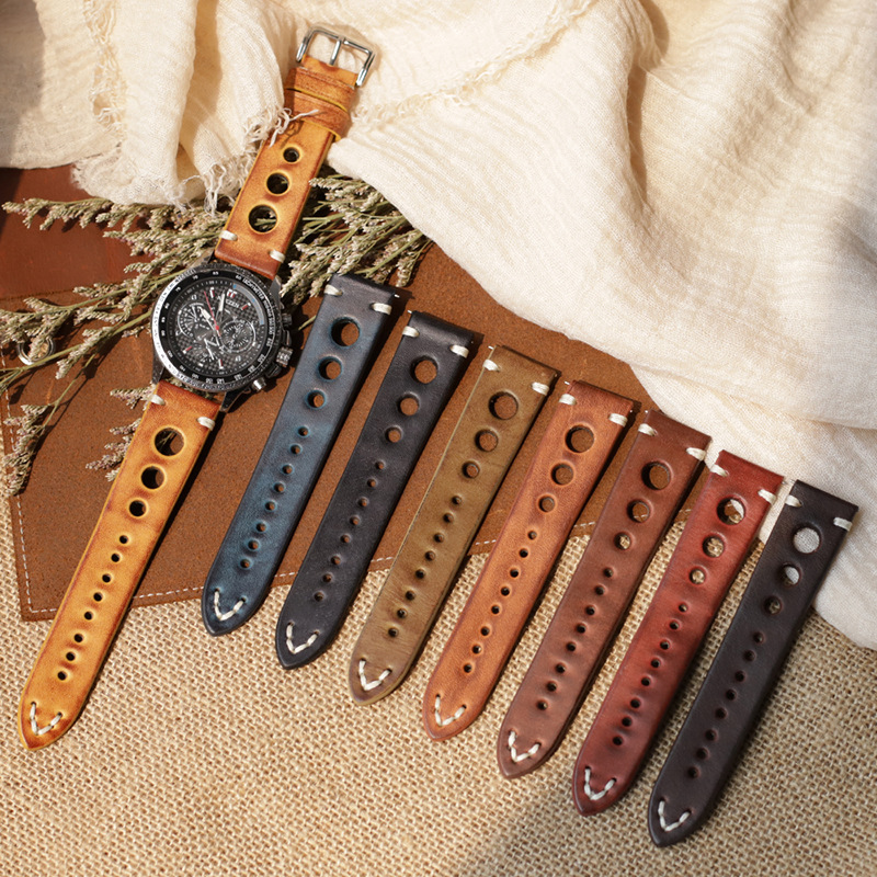 In-Stock Pure Handmade Color-Changing First-Layer Cowhide Leather Watch Strap, Three-Hole Flat Strap, 20 22 24mm Universal