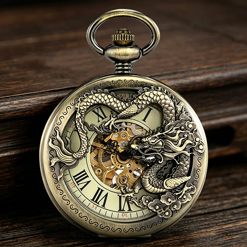 Chinese-Style Hollow Dragon Flip-Cover Mechanical Pocket Watch, Vintage Flip-Cover Manual Mechanical Watch, Old-Fashioned Wind-Up Necklace Pendant Watch