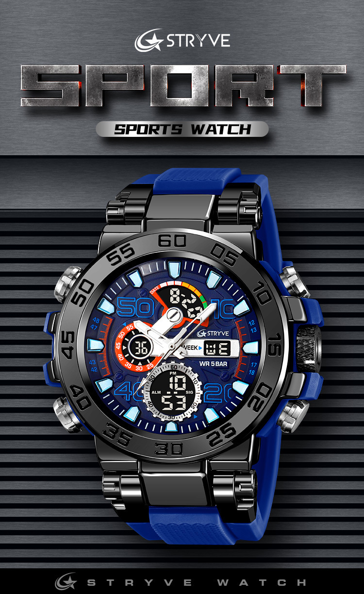STRYVE Sports Colorful Luminous Chronograph Electronic Waterproof Wrist Watch Metal Case Multifunctional Student Watch 8030_voghion.com