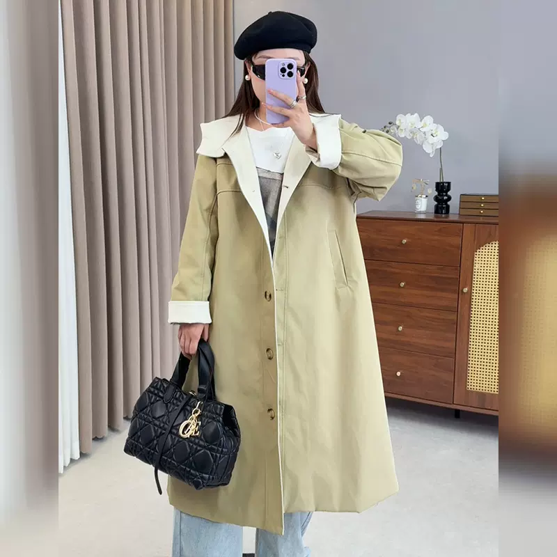 双天2025秋季新款大码胖mm女装撞色拼接连帽风衣外套女中长款9087
