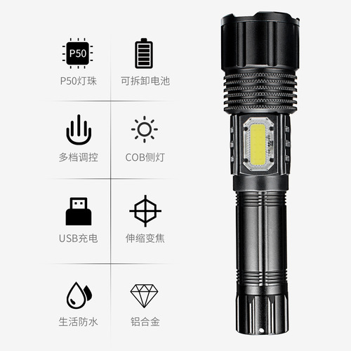 Cross-border new P50 aluminum alloy telescopic zoom LED flashlight USB charging high-intensity long-range COB work light
