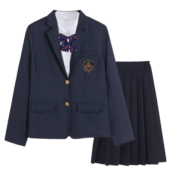 Girls' navy blue suit + women's white long sleeves + navy blue midi skirt + dark blue crown tie