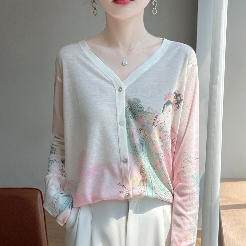 2025 New Style Thin Imitation Knitted Women's Long-Sleeved Cardigan Outer Top Printed New Chinese Style Water-Soluble V-Neck Cardigan