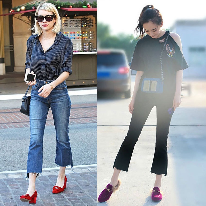 Factory Direct Supply Classic Big Power Same Style European and American MO Elastic Micro Horn Oblique Fur Edge Cropped Jeans Women's High Waist