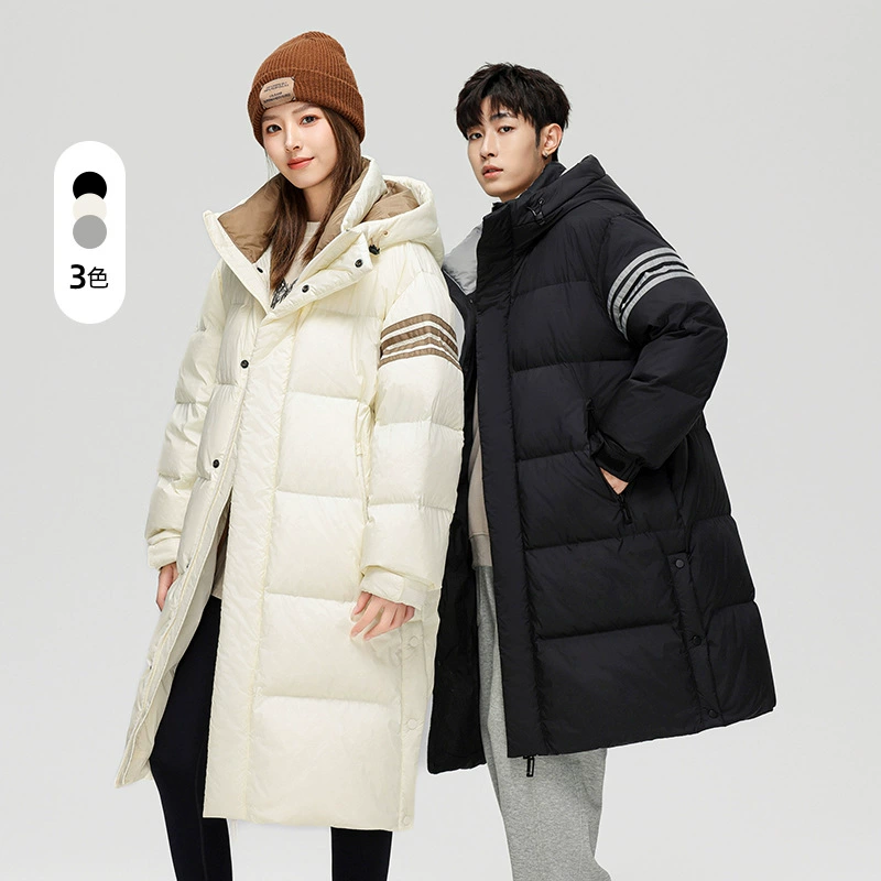 Пуховик для мужчин и женщин с длинными коленями зимой новый 90 белый утиный бархат утолщает теплый мужской костюм модный мужской костюм