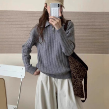 老钱风翻领半拉链套头毛衣女冬季新款复古坑条纯色Polo领针织衫女