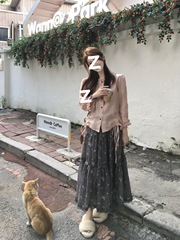 2025秋日巨好看的两件套女装甜美粉色边长袖衬衫垂感碎花半身裙子