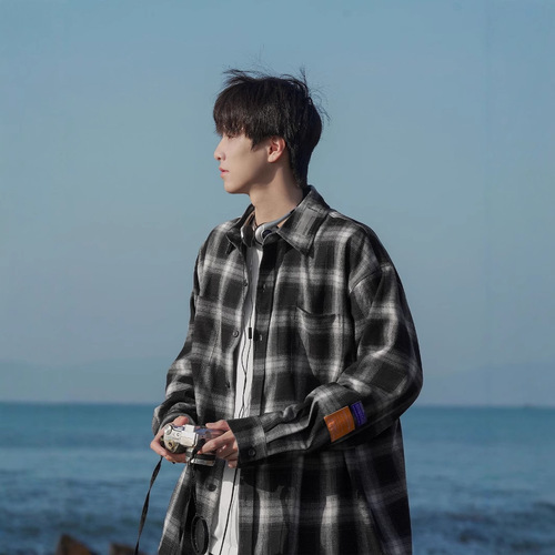 Grid Long-sleeve Shirt for Men 2025 Spring and Autumn, Cool and Stylish Men's Black Shirt with a Sense of Elegance, Outerwear