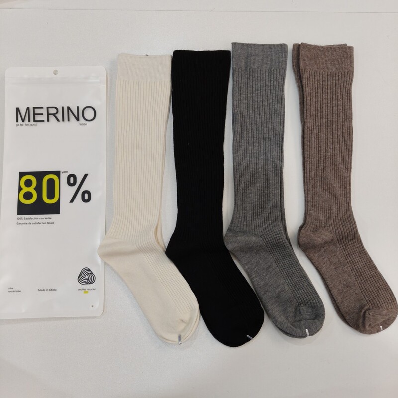 80% Merino Wool Socks, Mid-Calf Double-Needle Solid Color Jk Student Socks, Vertical Striped Slouch Socks, Women's Calf Socks