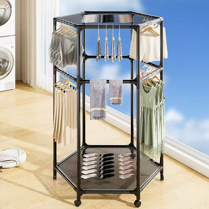 Round Rotating Clothes Rack, Hexagonal Balcony Bedroom Clothes Rack, Detachable 360-Degree Floor-Standing Type for Rental Housing