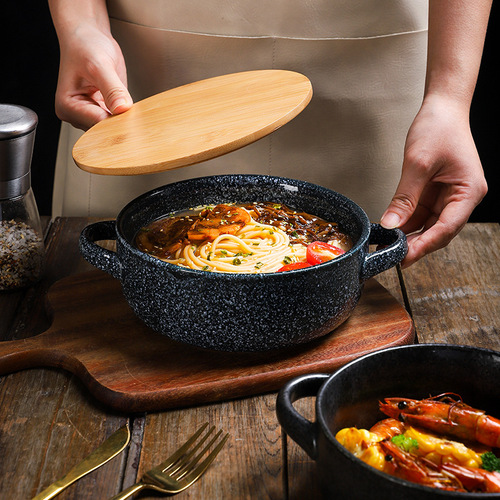 Japanese and Korean tableware ceramic double-ear bowl ramen salad bowl snail noodle soup bowl with lid instant noodle bowl wholesale