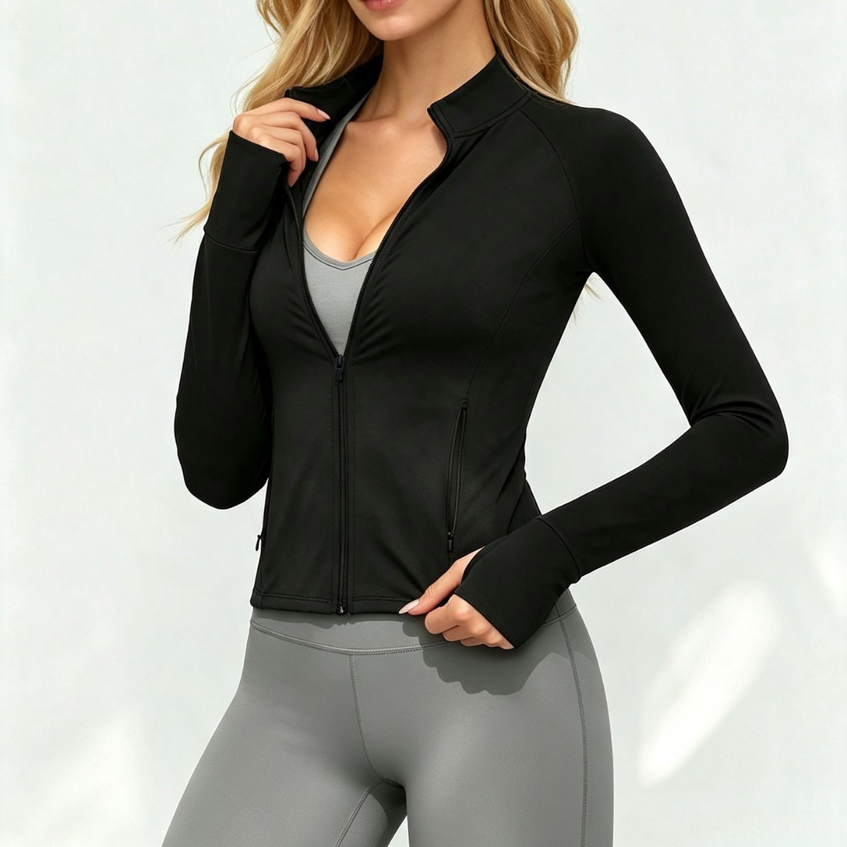 Black Slim Fit Stand Collar Zipper Sports Jacket for Women Yoga Fitness Jacket Long Sleeve High Elasticity Tight Casual Free Shipping