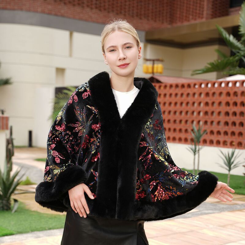 Black High-End Elegant Sequined Long Knitted Shawl Cape Coat Cheongsam Fleece-Lined Shawl for Women