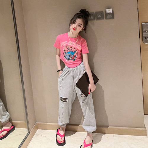 Girls' shirt, fashionable and stylish summer wear  new style hot girl big kid women's short-sleeved top internet celebrity street T-shirt 