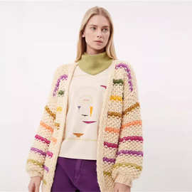 亚马逊秋冬新款欧美风纯手工彩虹条纹撞色粗针毛衣外套女sweater
