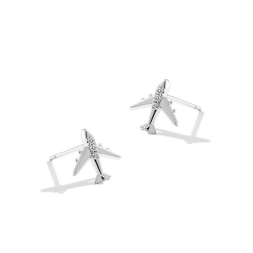Pure Silver S925 Mini Airplane Stud Earrings for Women, Fashionable and Small, Diamond-Embedded, Student Bone Stud Earrings with a Refined and Personality Style