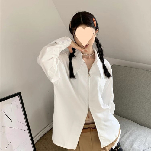 French-lace white long-sleeve autumn shirt with loose design for a slimming effect, unique and distinctive unisex top