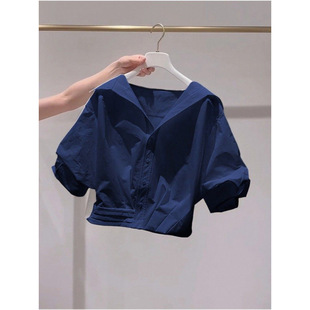 Super Nice Navy Blue Lapel Puff Sleeve Shirt for Women 2025 Summer New Style Lazy Style Loose Short Top Trendy