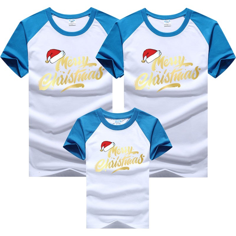 2022 ropa para niños media manga al por mayor nueva manga corta padre-hijo verano algodón camiseta manga raglán Navidad y Año Nuevo feliz entrega
