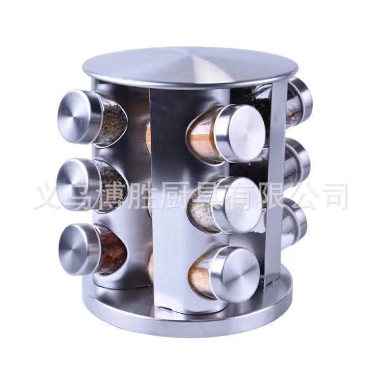 Fábrica directa de acero inoxidable estante de especias botella de vidrio estante de Estaño con 12 tipos de latas de especias giratorio estante de especias