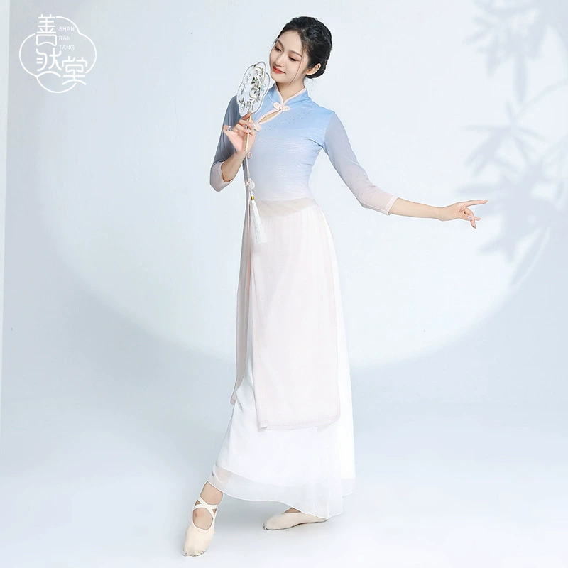 Шань Ран Тан классический танцевальный костюм эластичный Чонсам в китайском стиле боди рифма тренировочный костюм Топ новый с длинным рукавом