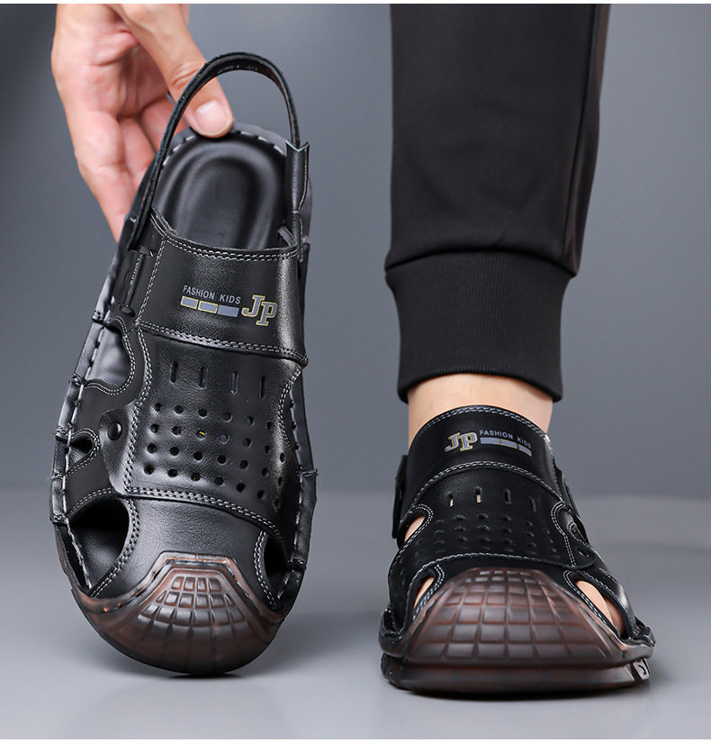 Dép sandal bít mũi nam da bò lớp đầu, đế mềm thân mềm, kiểu xỏ chân hai cách đi — G6951 màu nâu vàng, G6951 màu đen chi tiết 17