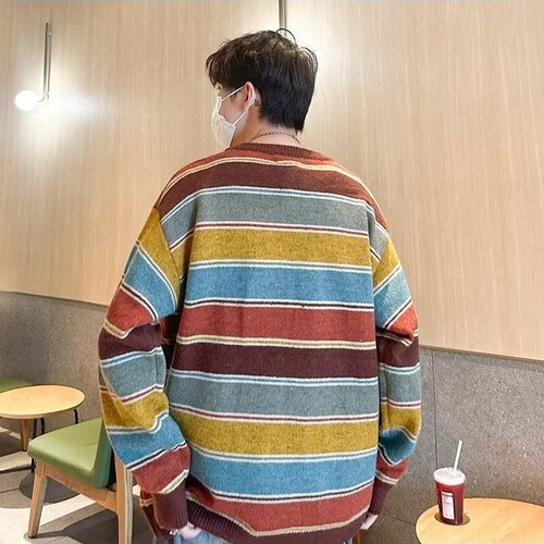 Men's Autumn/Winter Korean-Style Minimalist Trend Color-Block Striped Sweater, Men's Retro Hong Kong Style Atmospheric Casual Hooded Sweater