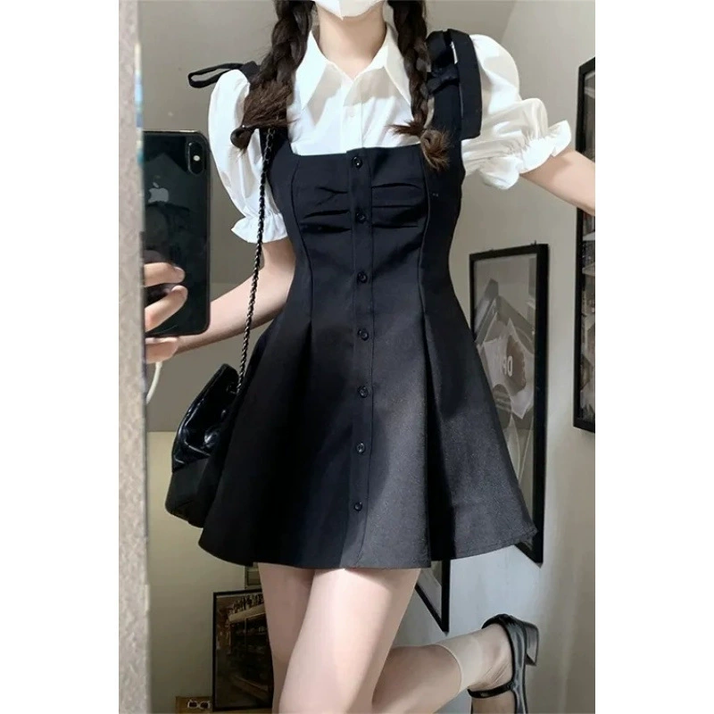 Костюм в студенческом стиле, рубашка с короткими рукавами, женское летнее платье на подтяжках с талией, темпераментная юбка, комплект из двух предметов