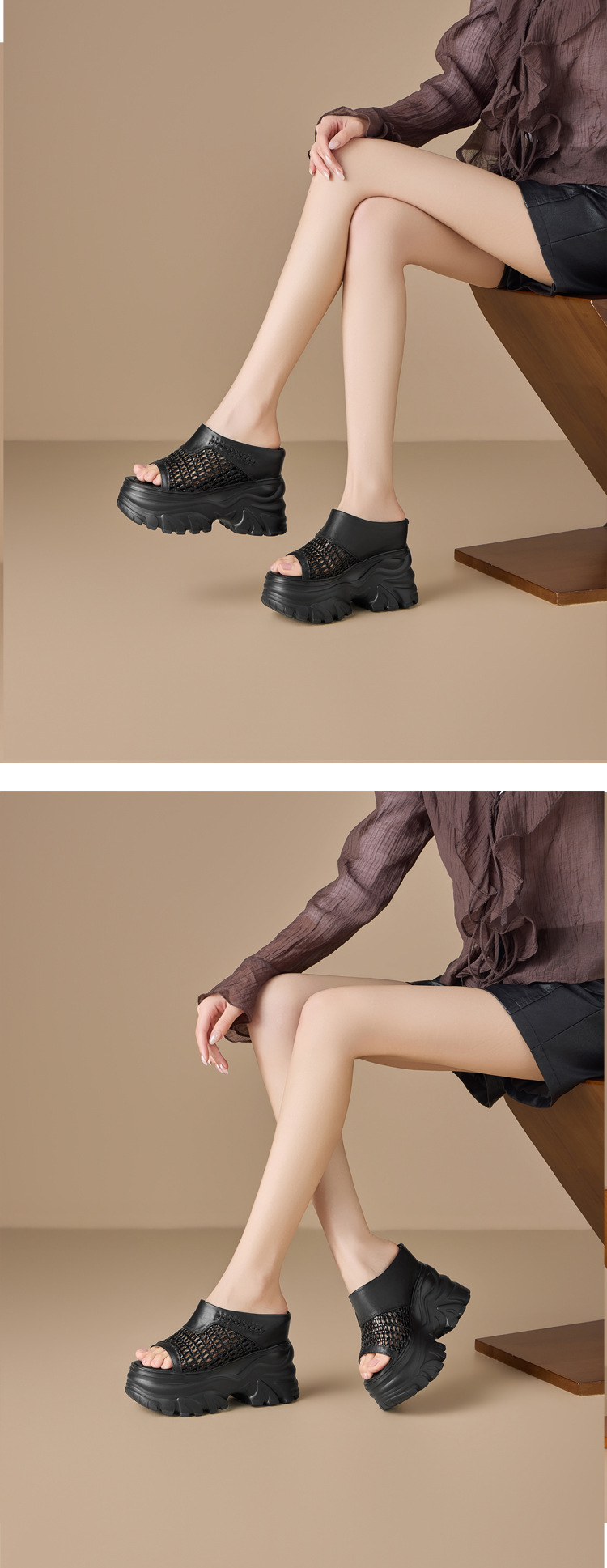 Dép sandal nữ quai chữ V đế bánh mì cao 13cm, chất liệu nhựa dẻo thoáng khí — màu đen, màu trắng ngà, Vàng nhạt, bạc chi tiết 9