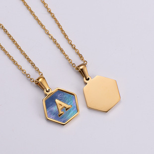 HY cross-border e-commerce in stock stainless steel electroplated 18K gold hexagonal blue shell English letter necklace pendant