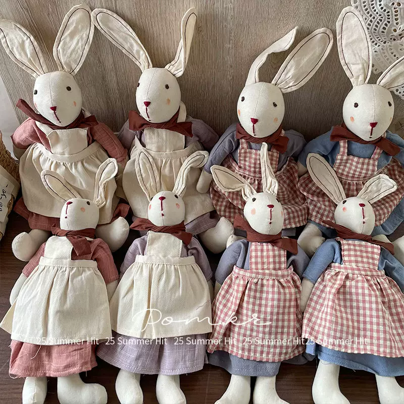 新款韩版ins兔子玩偶格纹围裙儿童安抚公仔布艺玩具生日玩偶礼物