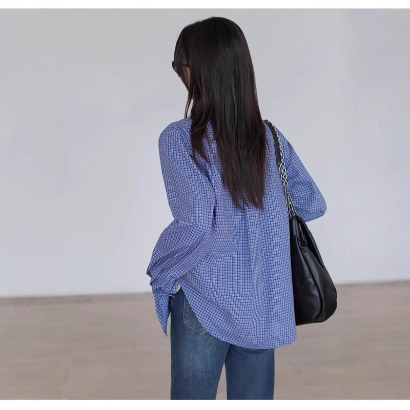 蓝色格子衬衫上衣女内搭2025春秋新款宽松休闲气质小个子正肩衬衣|undefined