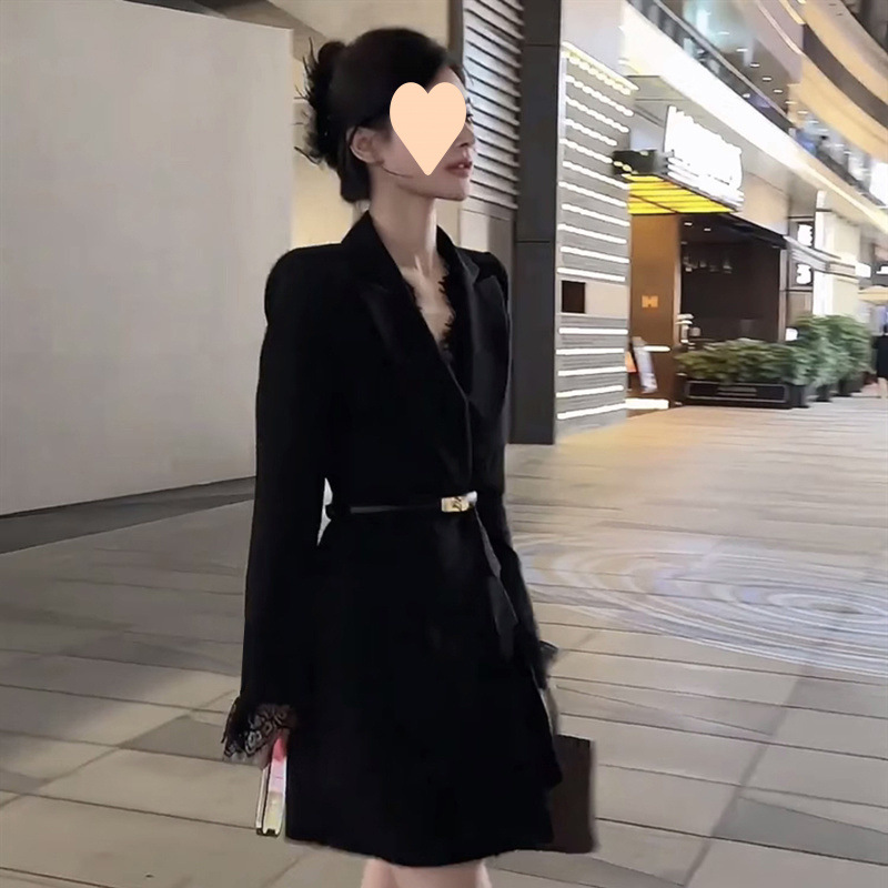 [벨트] 패션 세트 2024 가을 칼라 레이스 스티칭 전문 허리 슬림 블랙 스커트
