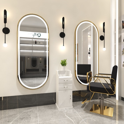 Barbería espejo salón de pelo especial montado en la pared espejo de un solo lado piso con luz inteligente espejo led