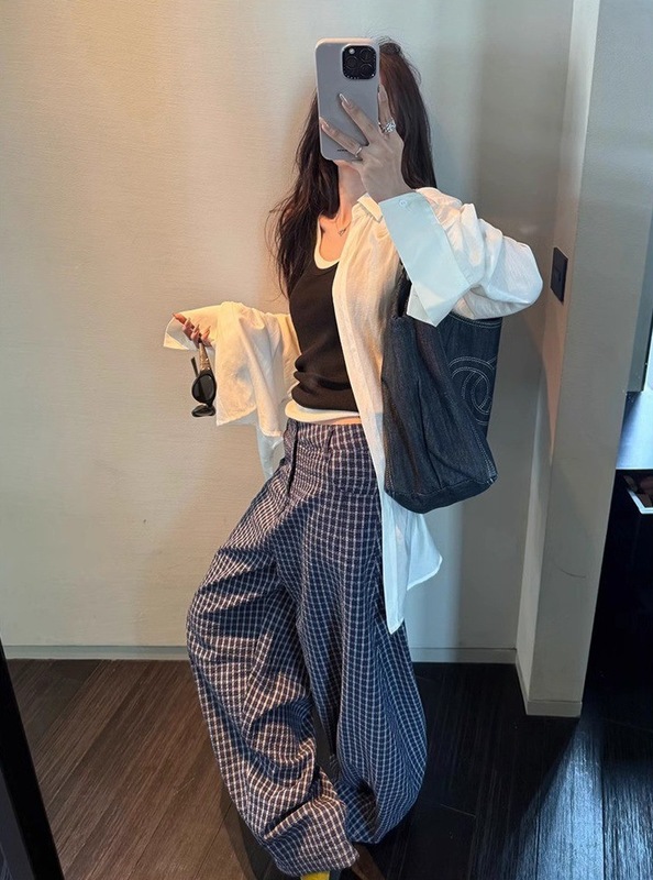 superniniy 海岛泡泡棉格子裤微皱肌理感宽松镰刀裤休闲裤长裤女|undefined