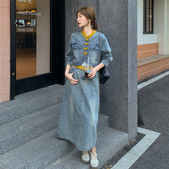 实拍设计感新中式牛仔套装裙女秋季2025新款复古休闲半身裙两件套