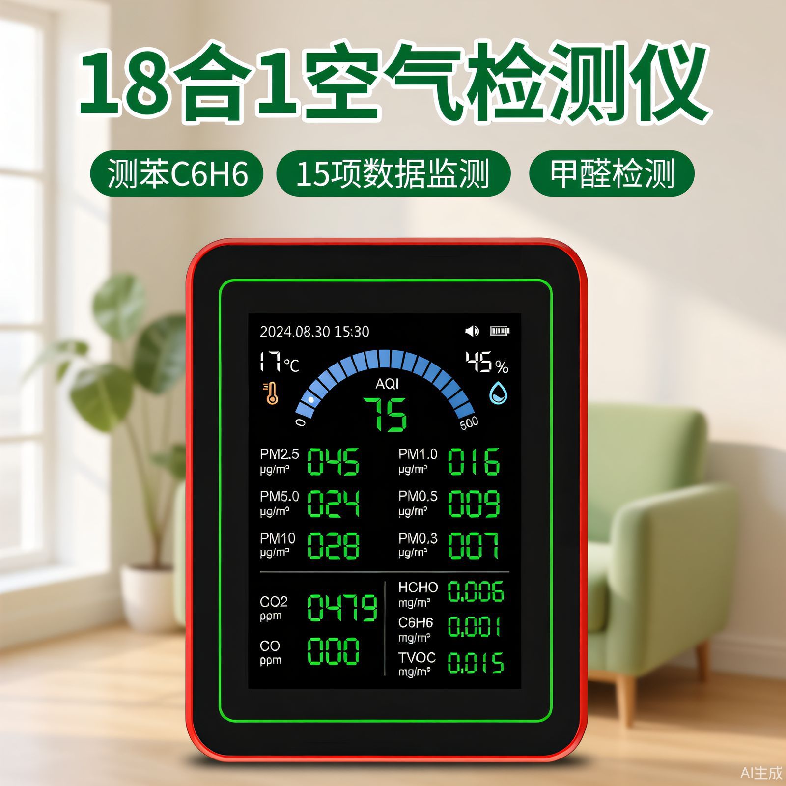 18合1数据导出电脑数据存储粉尘PM2.5二氧化碳甲醛苯C6H6检测仪