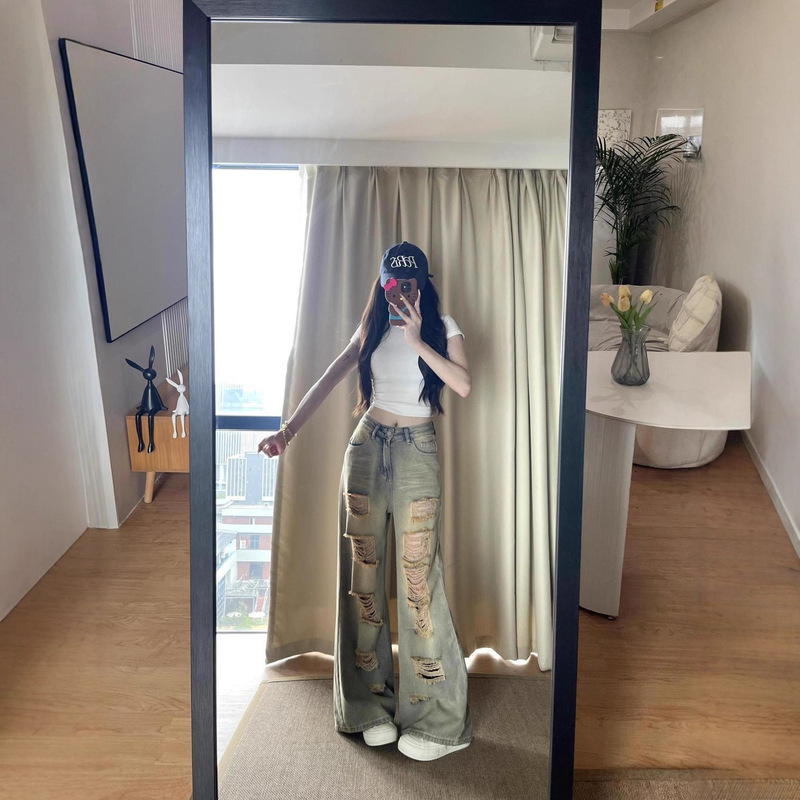 Straight-Leg Petite Vintage American-Style Distressed Jeans Summer New High-Waisted Slimming Loose Floor-Length Pants