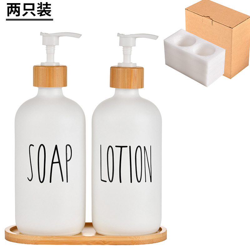 Botella de vidrio tipo Boston blanco/negro con bomba de bambú, para gel de baño o jabón de manos, recargable, venta en Amazon transfronterizo