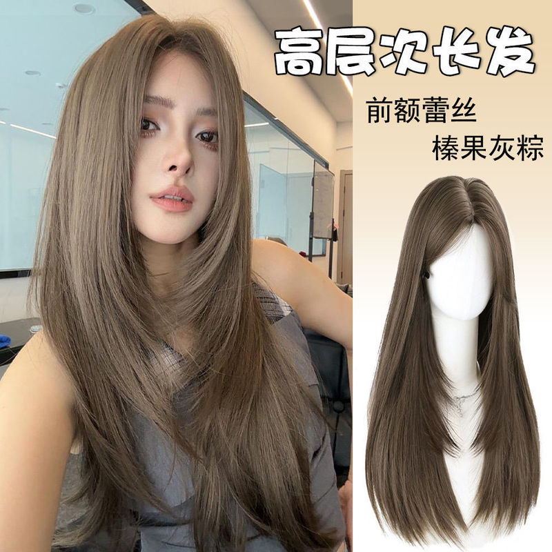 forehead lace high-level wig full head cover hazelnut gray brown medium long hair natural artificial hair wig full head cover