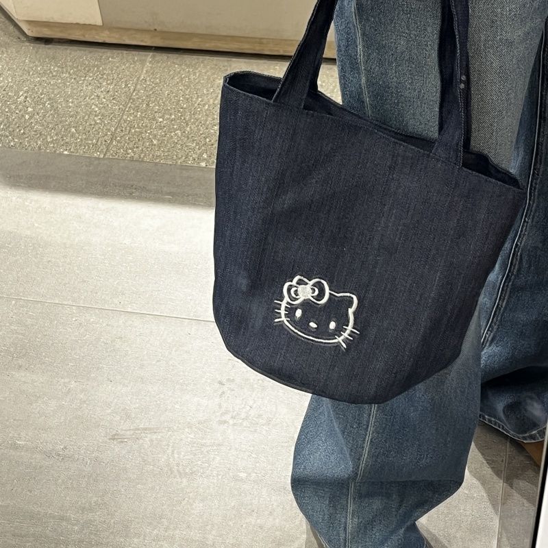 外出用の新しいポータブルバッグ、大容量のデニムバッグ、ウォーターカップ、韓国風刺繍入り子猫ハンドバッグ、KT猫バケットバッグ|undefined
