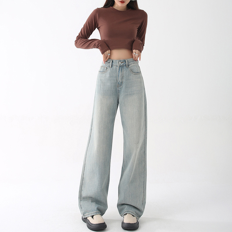 Light blue jeans women's straight 2022 autumn and winter high-waisted straight leg pants slim slimming drapy mopping trousers